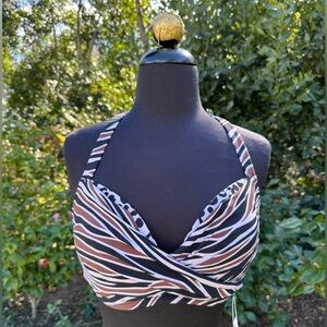 Bleu Rod Beattie Black, White, Brown Zebra Print Halter Swim Top, NWOT